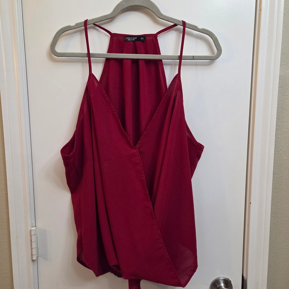 Shein Curve Burgundy Surplice Wrap Halter Tank Top 3XL Wine Red Chiffon